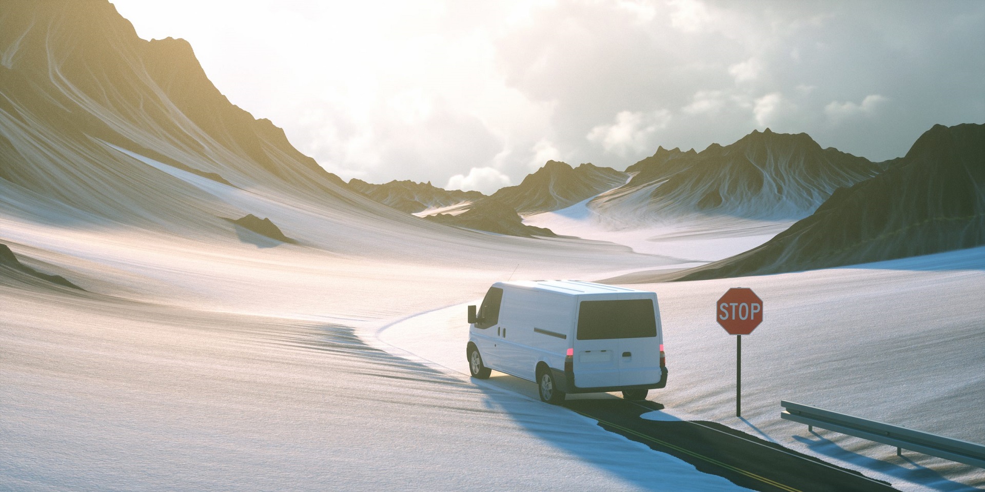 Delivery truck on road with snow in winter in mountains (3D Rendering)