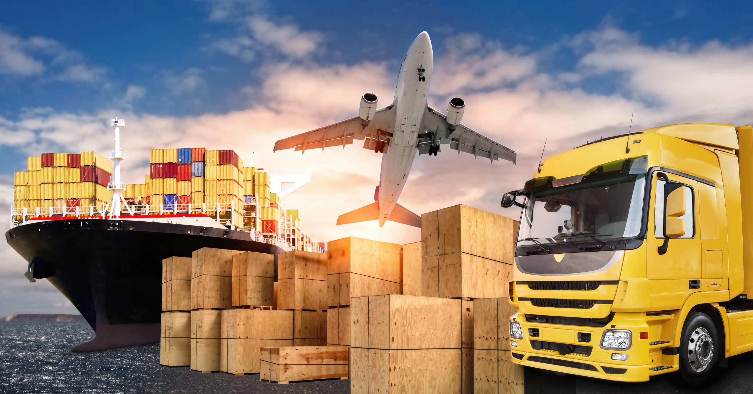 Truck, airplane and ship with carrier boxes as a symbol for international trade.