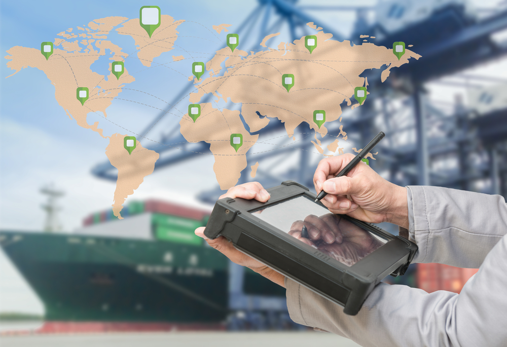Map global logistics partnership connection of Container Cargo freight ship for Logistics Import Export background.